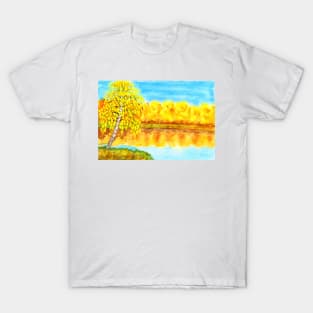 Autumn landscape with yellow birch near lake and yellow forest. T-Shirt